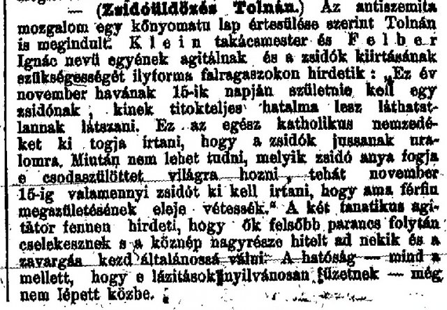 „Zsidóüldözés Tolnán.” (Forrás: Pesti Hírlap, 1881. 10. 13., 5. o.)
